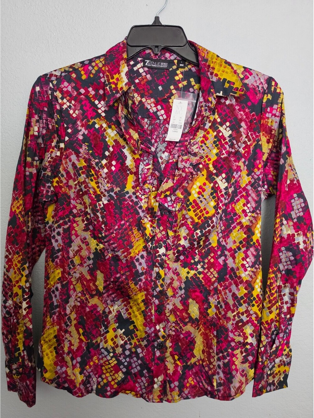 7th Avenue Design Studio Women's Button-Up Blouse Large Multicolor Ruffled Front